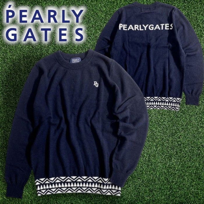 PEARLY GATES パーリーゲイツ ゴルフ ウール100％ 裾リブパターン クルーネック 丸首 長袖 ニット セーター プルオーバー ゴルフウェア レディース 055-2270106 定価3万 ダークネイビー ▲034 51013 w 05