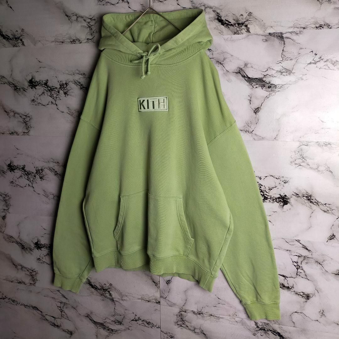正規品 KITH キス パネルボーダーロゴパーカー グリーン 希少カラー】KITH キス パーカー L(XL相当) ボックスロゴ 刺繍 ミント