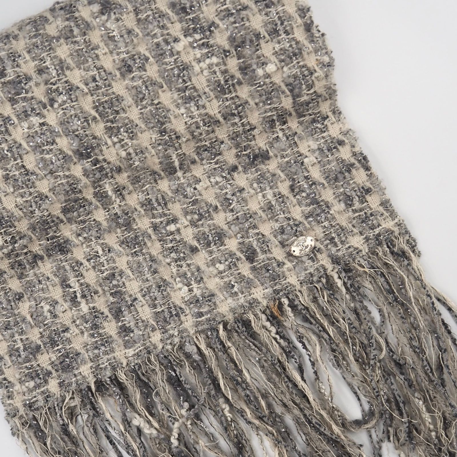 CHANEL ツイードマフラー ホワイト グレー シャネル