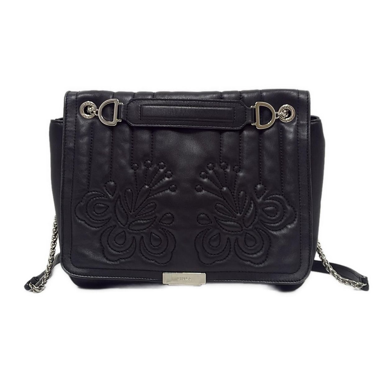 FURLA(フルラ) ショルダーバッグ - 黒 キルティング/ステッチ/フラワー 