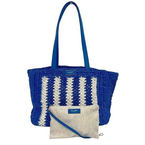 ケイト スペード ブルー ホワイト ストロー レザー バッグ トートバッグ レディース