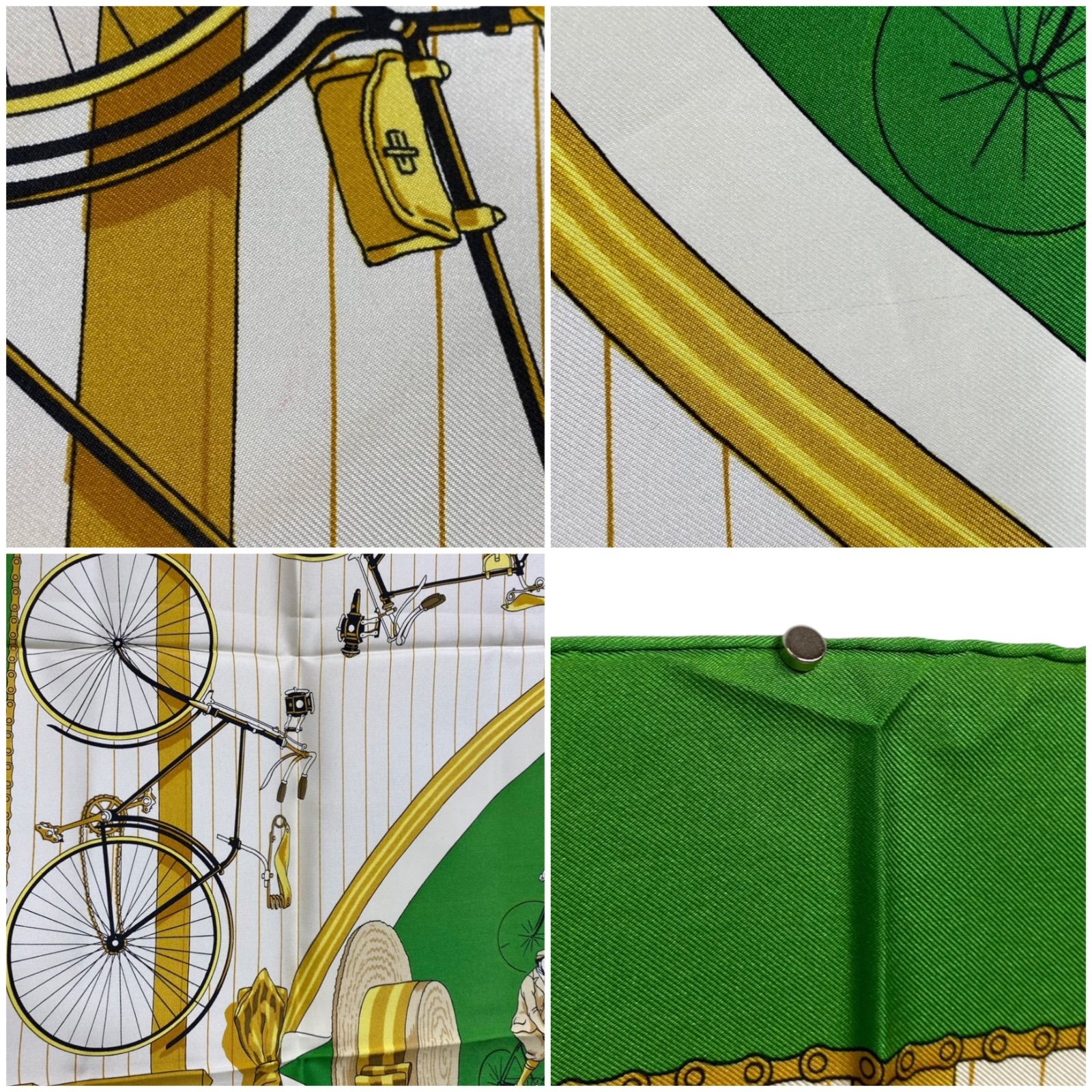 エルメス カレ90 LES BECANES シルクスカーフ 自転車 グリーン HERMES