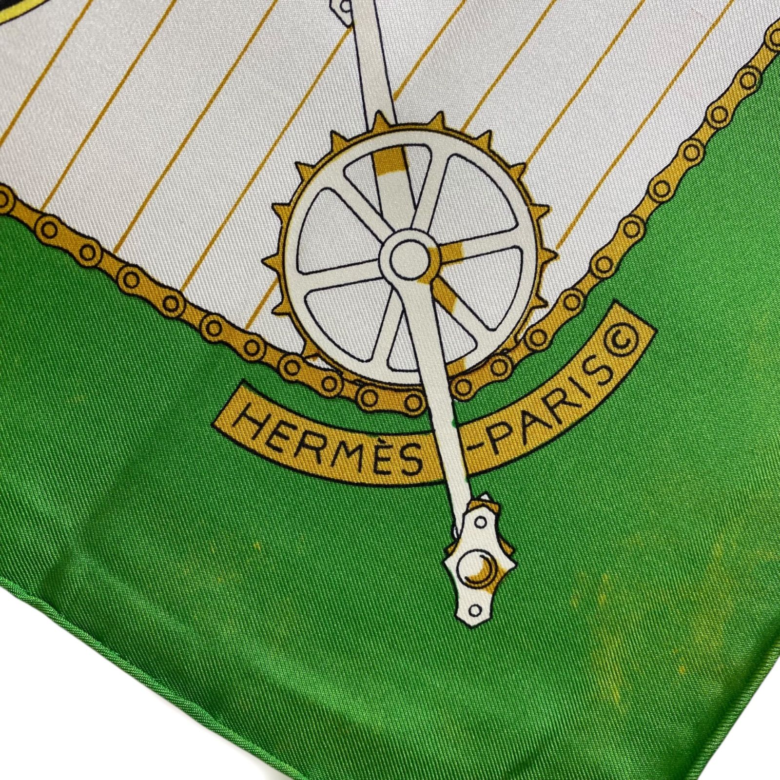 エルメス カレ90 LES BECANES シルクスカーフ 自転車 グリーン HERMES