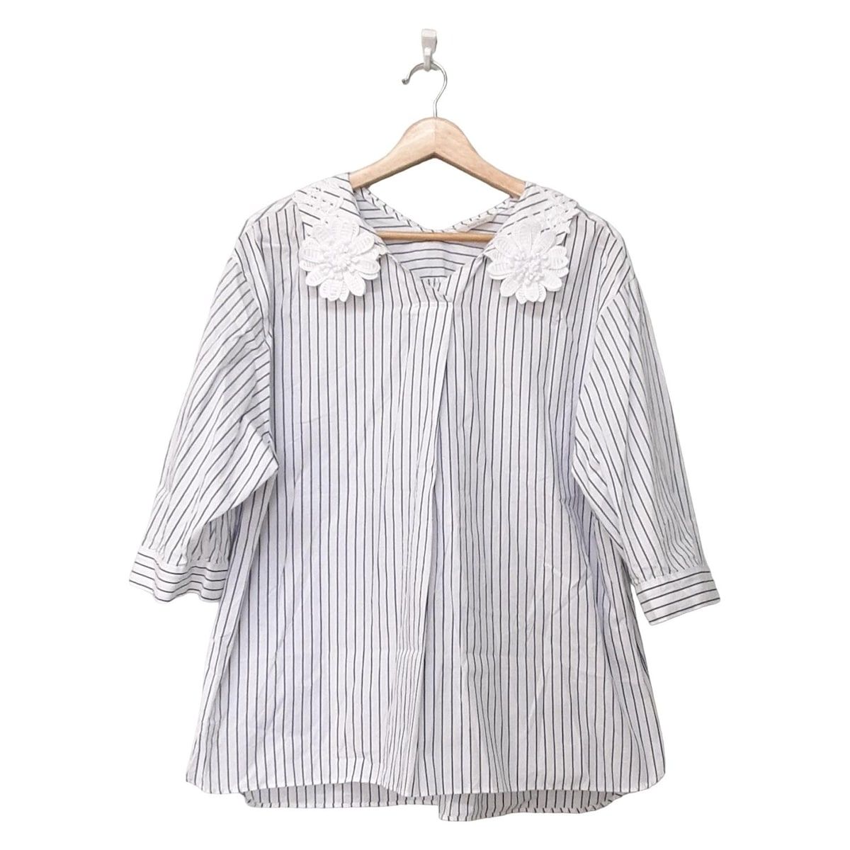 ローズティアラ 七分袖シャツブラウス サイズ46 XL レディース - 白×ネイビー ストライプ|フラワー 花 |リボン|プルオーバー