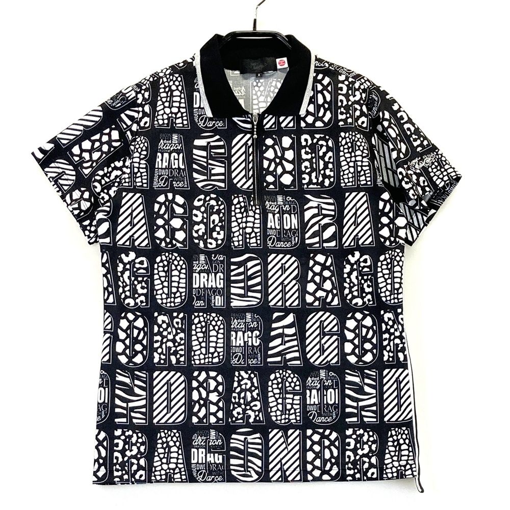 サイズ 2 DANCE WITH DRAGON ダンスウィズドラゴン ハーフジップ 半袖ポロシャツ 総柄 ブラック系 ゴルフウェア レディース ストスト