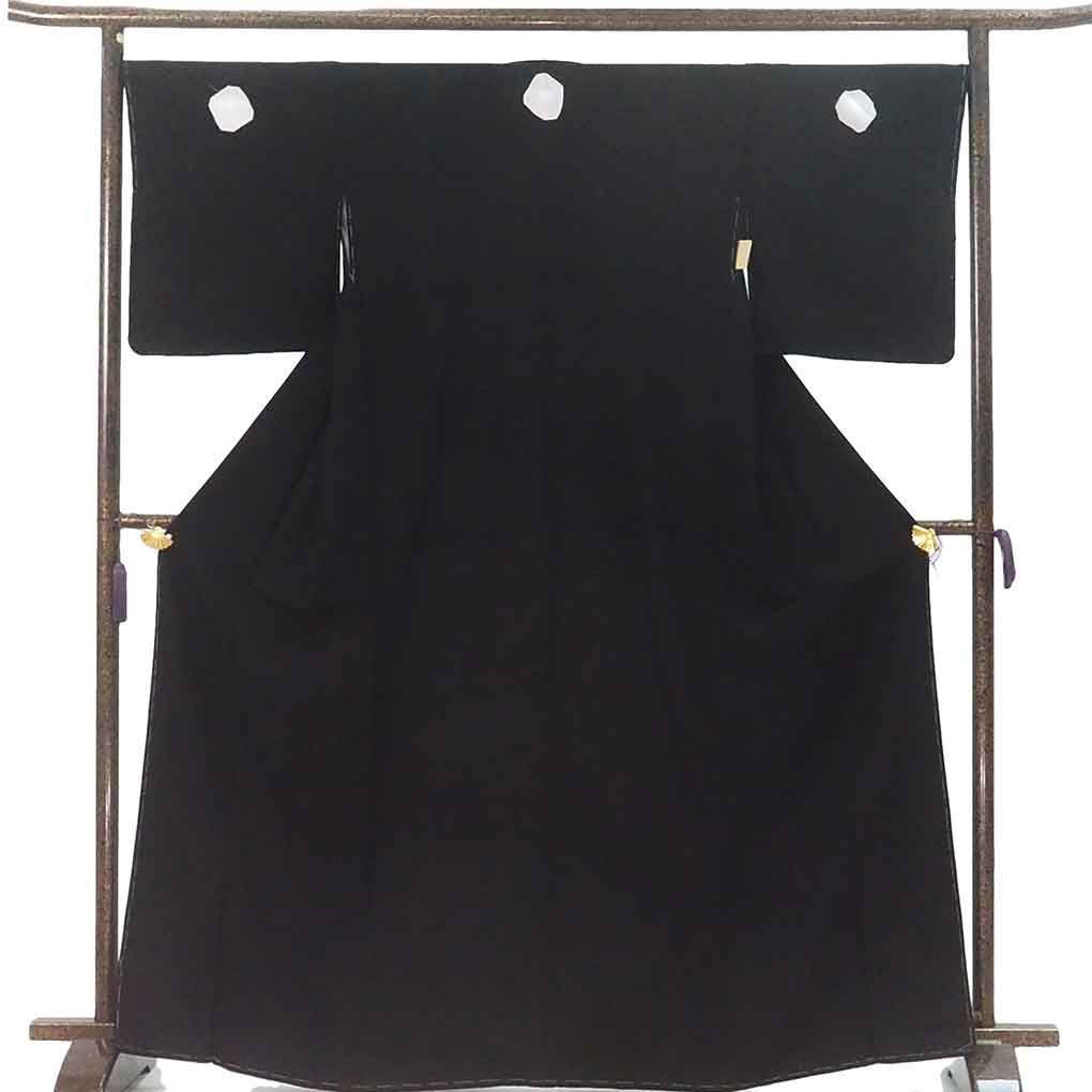 喪服 黒紋付 身丈168 cm 裄68 前幅25 後幅30 袖丈49 袖幅34 レディース 袷 無地 裄長 裄Lサイズ 秋冬春用 正絹 シルク ブラック トールサイズ ♥品 リメイク リユース リサイクル 呉服のきくや