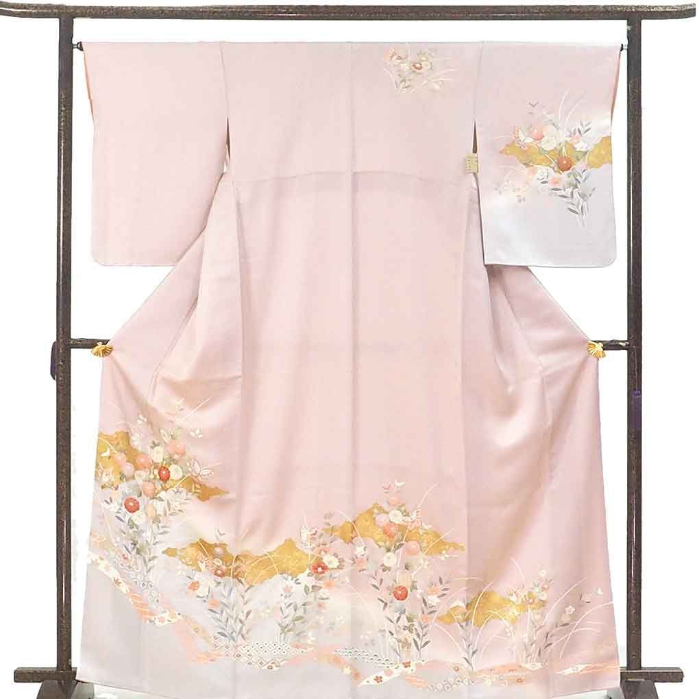 訪問着 身丈165cm 裄66cm 前幅23cm 後幅30cm 袖丈56cm 袖幅33cm レディース 袷 花柄 裄長 裄M-Lサイズ 秋冬春用 正絹（シルク）ピンク トールサイズ 美品 リメイク リユース リサイクル【呉服のきくや】