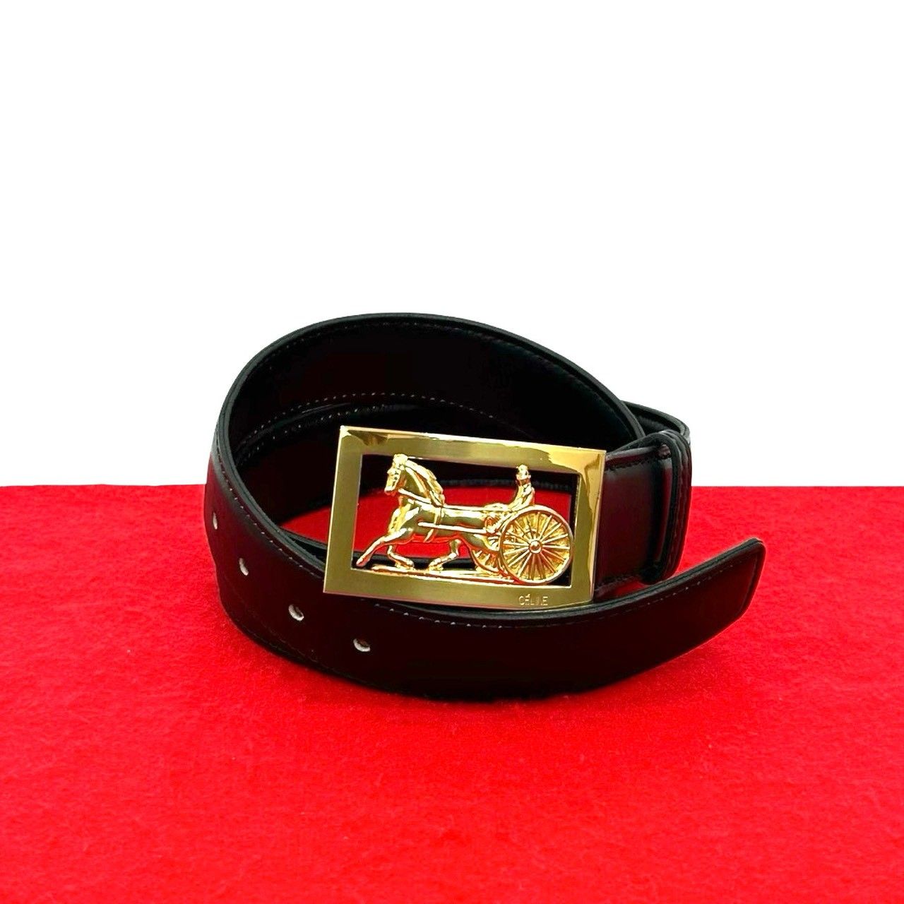 品 CELINE セリーヌ 馬車金具 ホースキャリッジ バックル ロゴ 金具 レザー 本革 ベルト サイズ80 ブラック 黒 83984