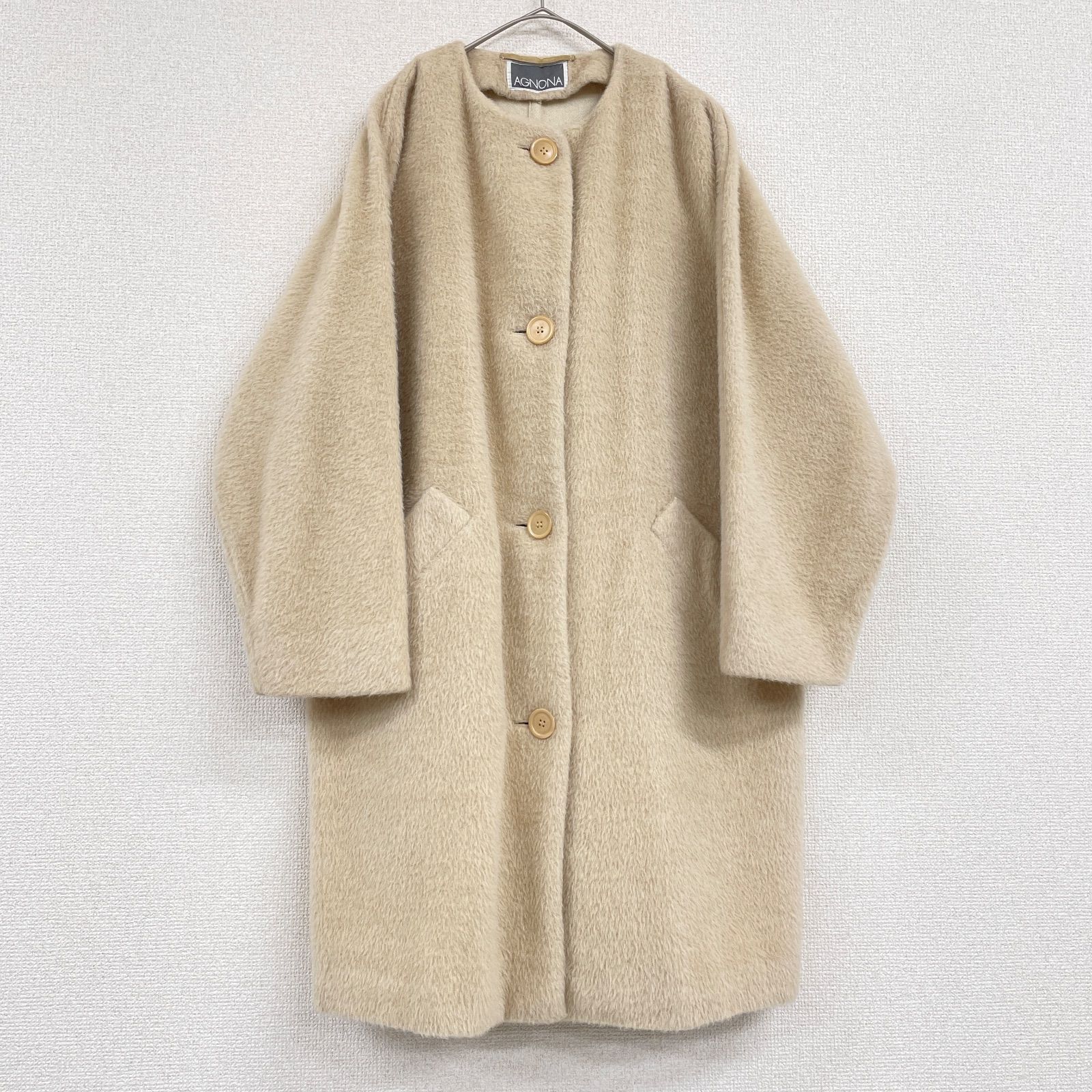 セール✨アニオナ アルパカ コート AGNONA アニオナ ノーカラーコート シャギー アルパカ ウール ベージュ