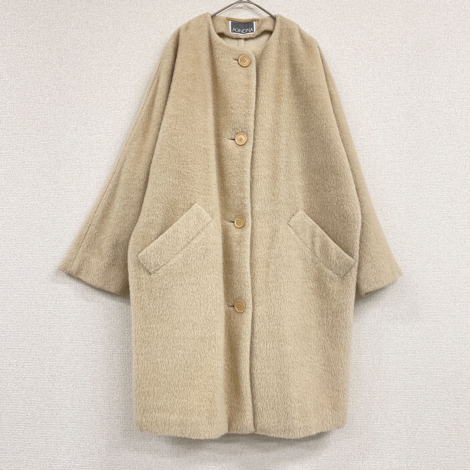 AGNONA アニオナ ノーカラーコート シャギー アルパカ ウール ベージュ