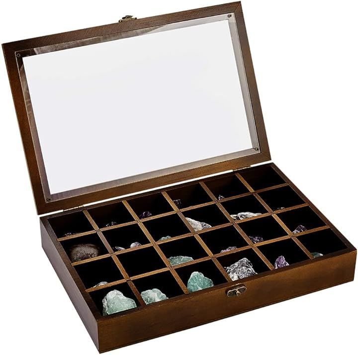 BENECREAT 1個24グリッド ジュエリー ショーケース 木製 宝石ディスプレイケース 30x20cm ジュエリートレイ 蓋付き ジュエリーボックス ジュエリーディスプレイケース 石の保管ケース (ブラウン)
