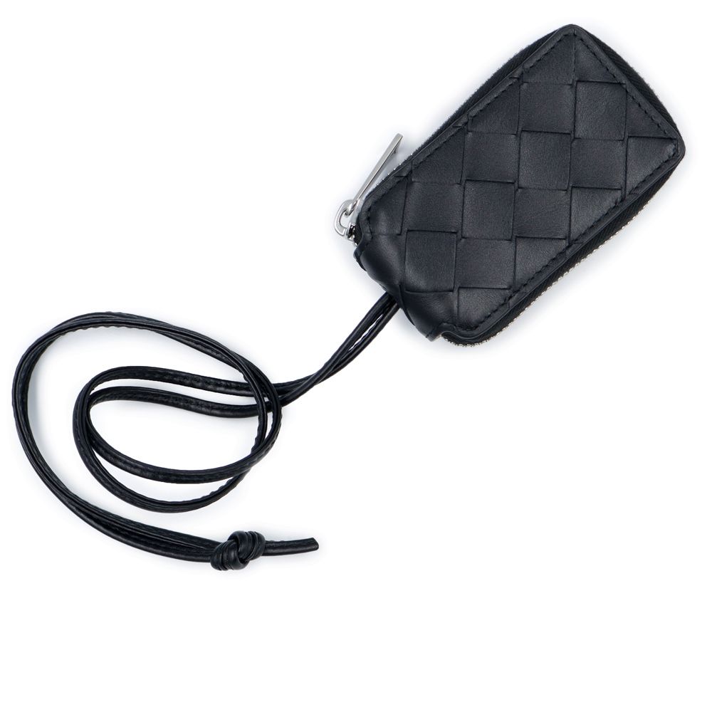 ボッテガヴェネタ イントレチャート キーポーチ キーケース コインケース 小銭入れ 財布 カーフスキン レザー ブラック シルバー金具 ネックストラップ付き 786631 BOTTEGA VENETA