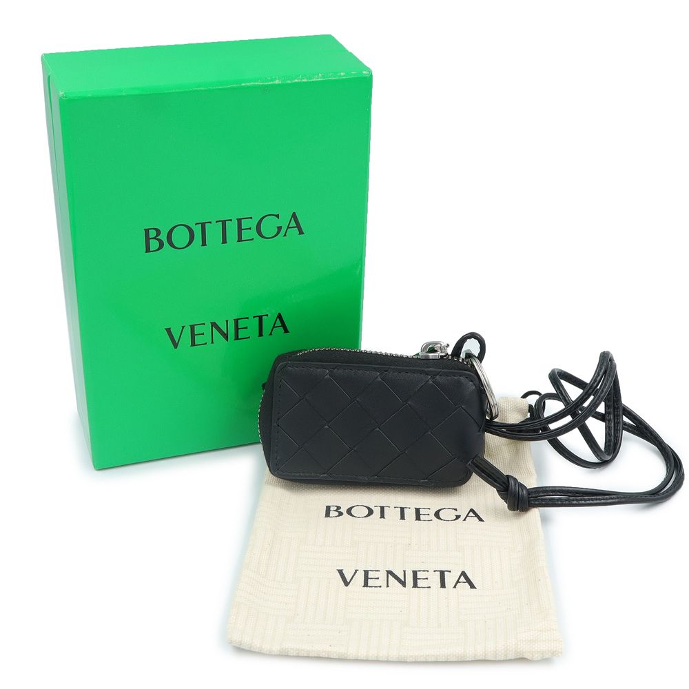 ボッテガヴェネタ イントレチャート キーポーチ キーケース コインケース 小銭入れ 財布 カーフスキン レザー ブラック シルバー金具 ネックストラップ付き 786631 BOTTEGA VENETA