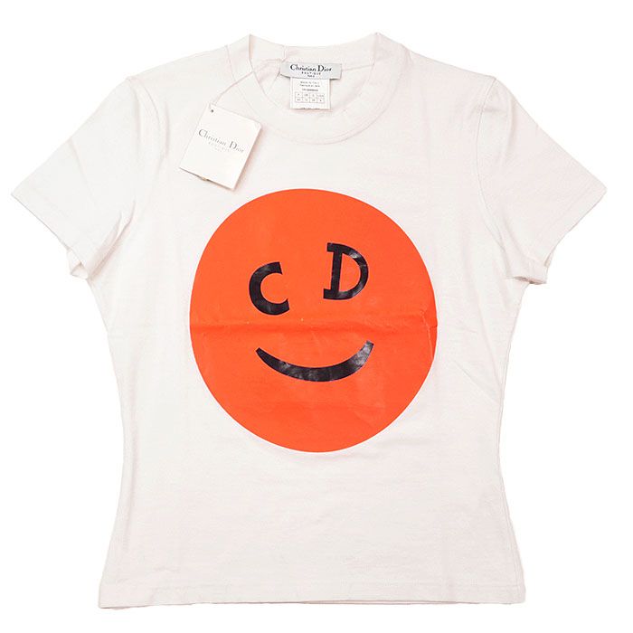 Christian Dior クリスチャンディオール ブティック ヴィンテージ 半袖カットソー CD ロゴ ラバープリント スマイル コットン トップス 属 レディース 40 ホワイト オレンジ 白 橙 イタリア製