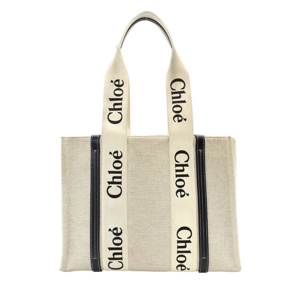 クロエ Chloe ウッディ ミディアム トート キャンバス ショルダーバッグ ベージュ ネイビー レザー 7 10 1054