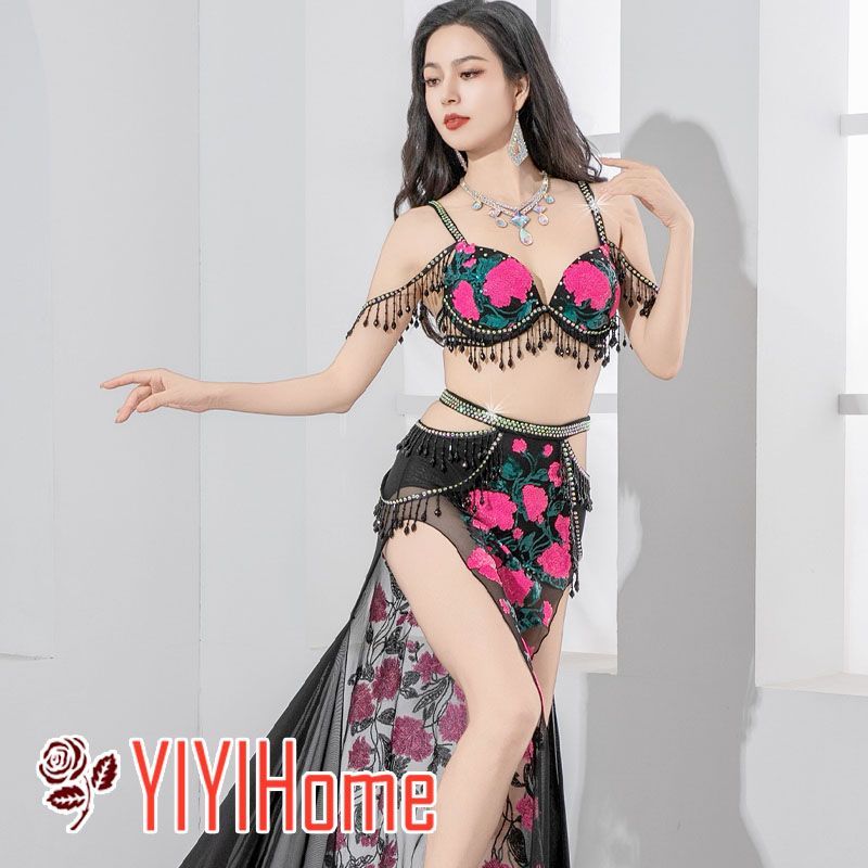 ベリーダンス ダンス衣装 セット ハロウィン コスプレ 仮装 パーティー 余興用 レッスン着 トップス スカート ２点セット　 社交ダンス　発表会　ラテンダンス　演出　団体 　キラキラ き