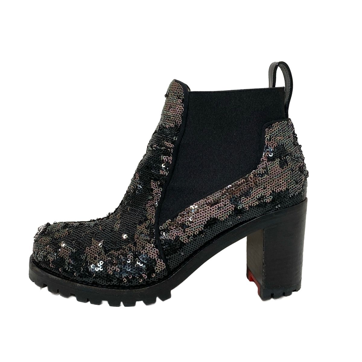 クリスチャンルブタン ショートブーツ 351 2 レディース - 黒×シルバー スパンコール サイドゴア レザー