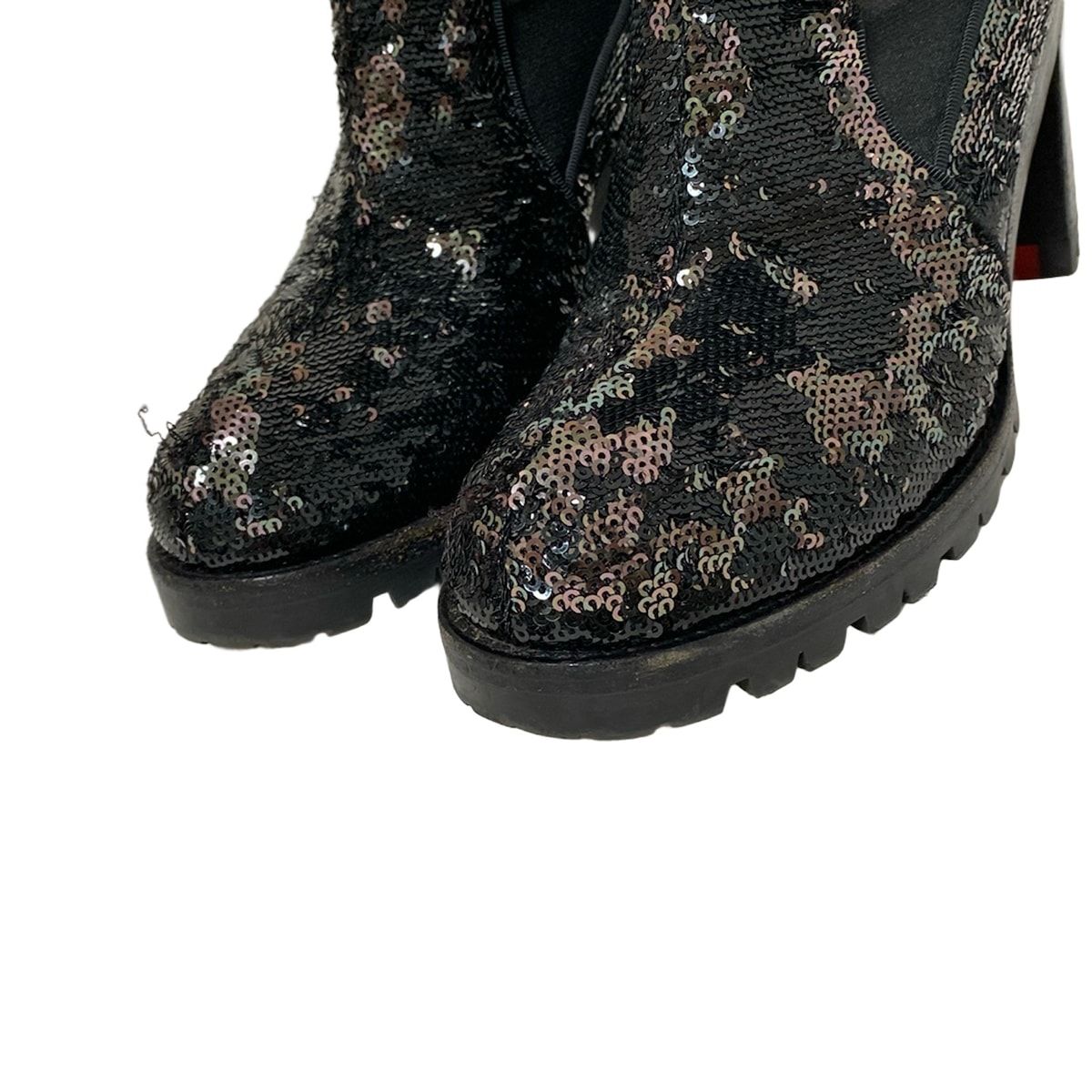  クリスチャンルブタン ショートブーツ 351 2 レディース - 黒×シルバー スパンコール サイドゴア レザー ブーティ ブーツ