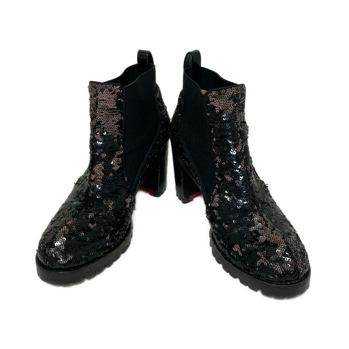 クリスチャンルブタン ショートブーツ 351 2 レディース - 黒×シルバー スパンコール サイドゴア レザー