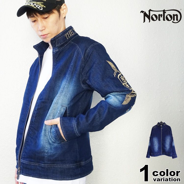 V12 NEON ONE-PIECE ネイビー サイズ1 NORTON ノートン ストレッチ デニム ライダース ジャケット メンズ