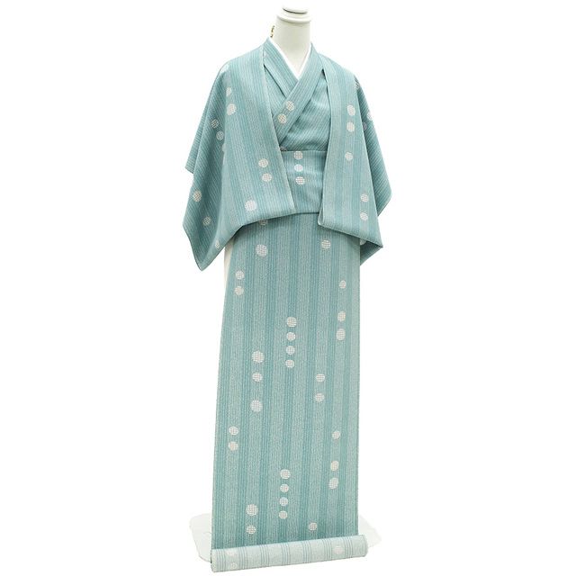 小紋 着物 着尺 反物 正絹 京友禅 アクアグリーン色 くすみ青緑 水玉 縞 袷 単衣 羽織 や コート にも お仕立てＯＫ カジュアル 春 秋 冬 未仕立て みやがわ sb 16747