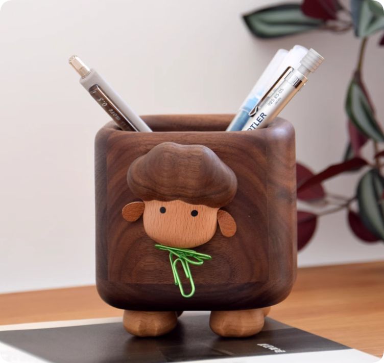 黒胡桃の木のペン立てアイデア小羊の無垢材の収納の箱の贈り物のオフィスの机の面の置物のペン立て