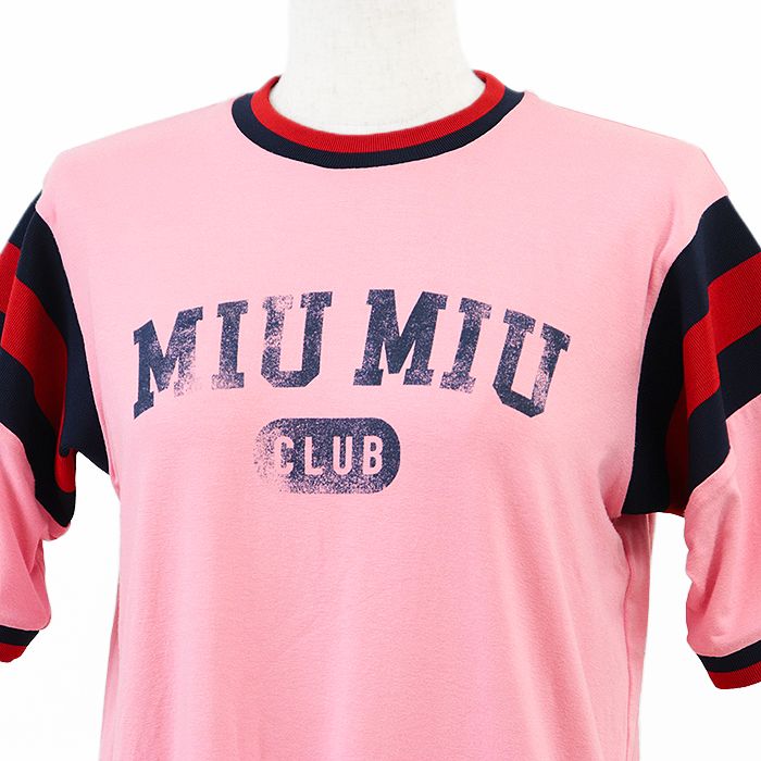 Miu ミュウ フットボールTシャツ 製 シグネチャー ロゴ ヴィンテージ風プリント ストレッチ プルオーバー ショートスリーブ 半袖 トップス レディース サイズ S ピンク ネイビー レッド 桃色 紺 赤 イタリア製