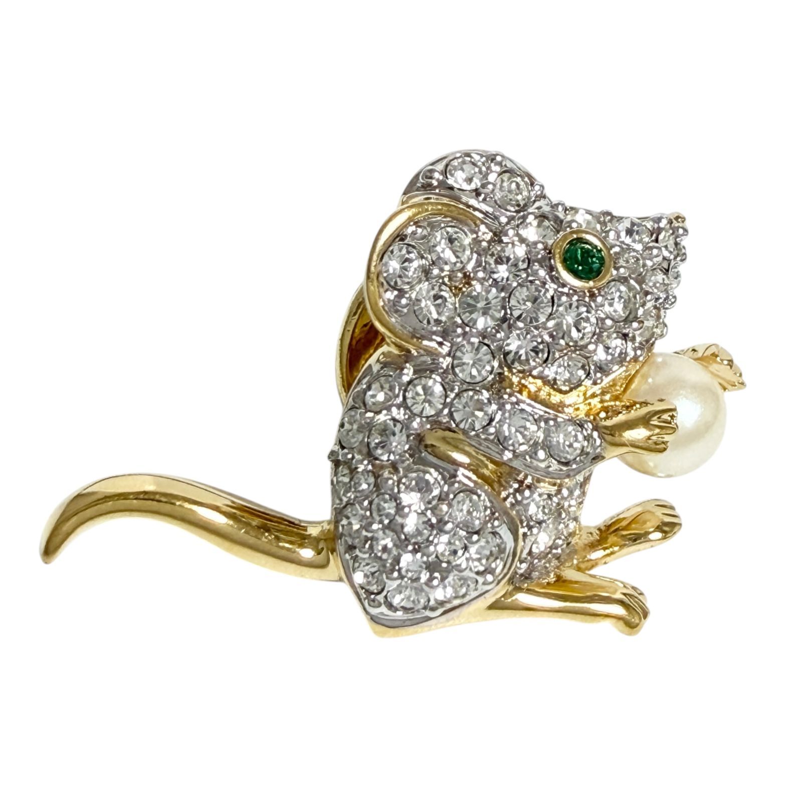 スワロフスキー レディース ピン ブローチ バッジ マウス ねずみ ゴールド色