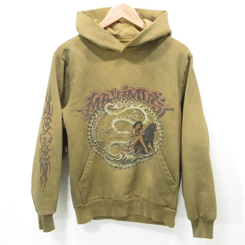 TRAVIS SCOTT トラビススコット トラヴィススコット UTOPIA 加工プリント長袖パーカー ダメージ加工 裏起毛 ブラウン系 カーキ マスタード サイズ S 103