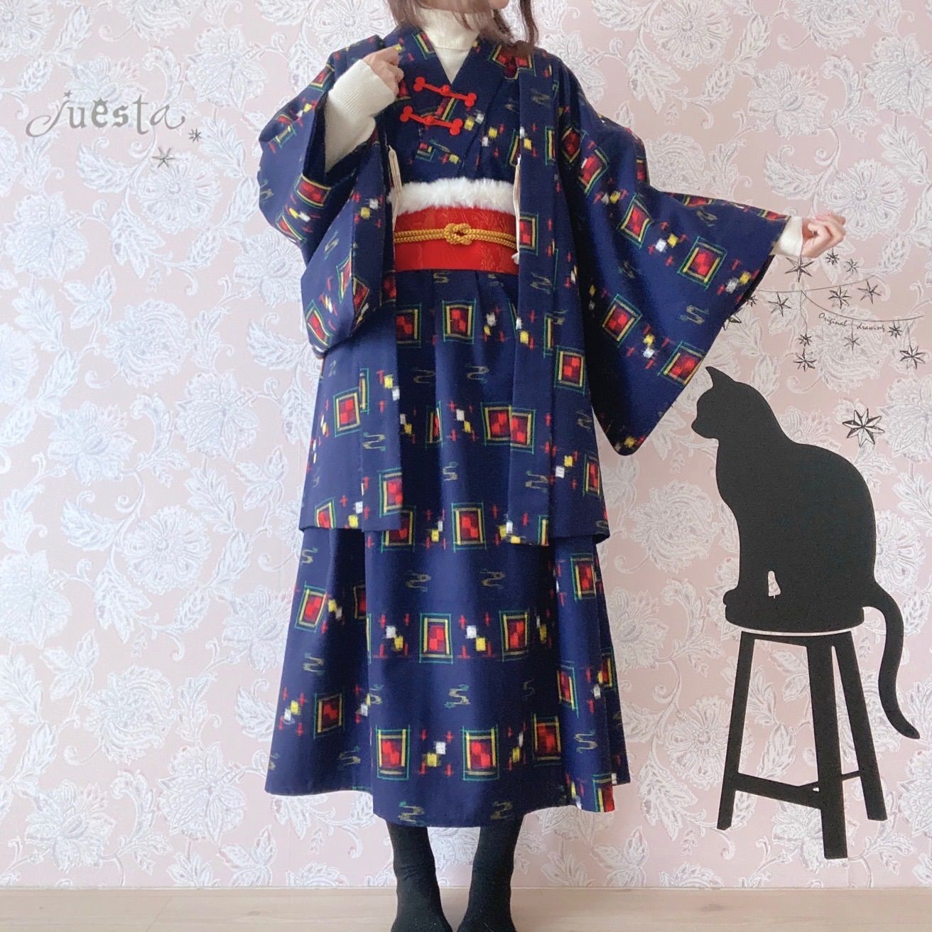 着物リメイクワンピース 濃紺×赤 帯ベルトと帯飾りと羽織付き