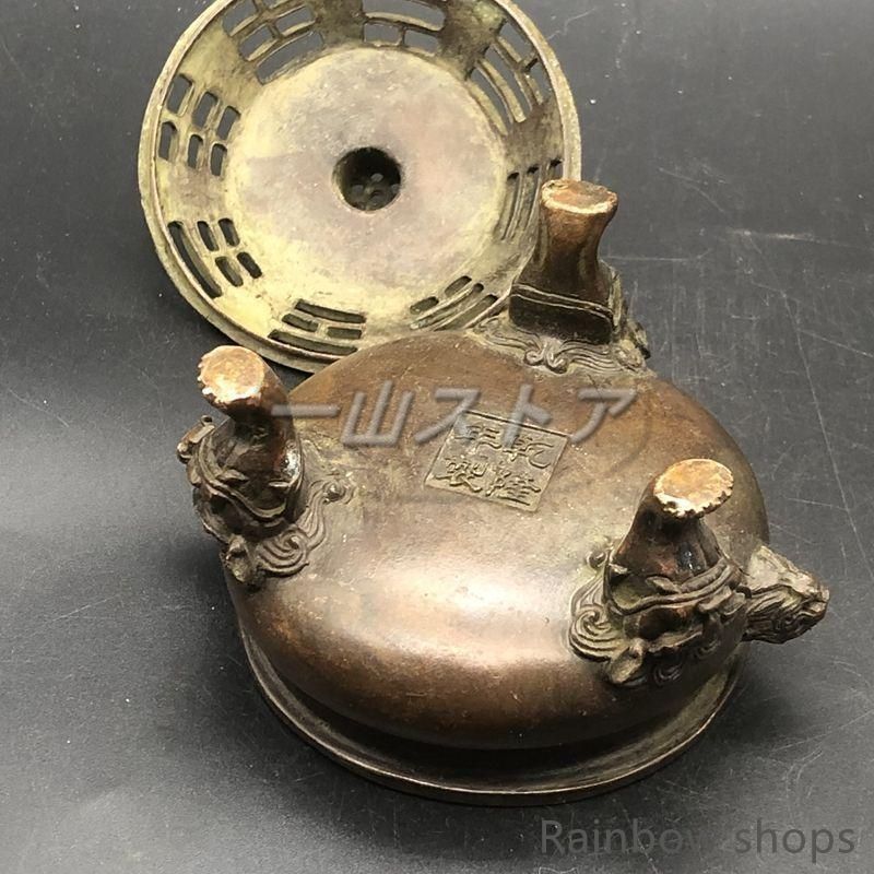 新品・未使用】新品未使用銅器 三足双獅頭香炉 蓮華蓋薫香炉 茶道薫