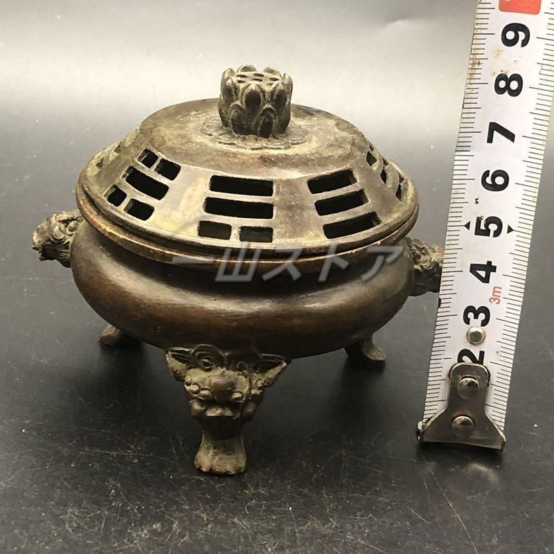 新品・未使用】新品未使用銅器 三足双獅頭香炉 蓮華蓋薫香炉 茶道薫