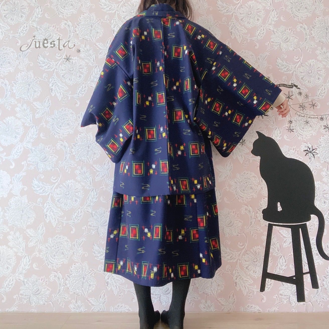 着物リメイクワンピース 濃紺×赤