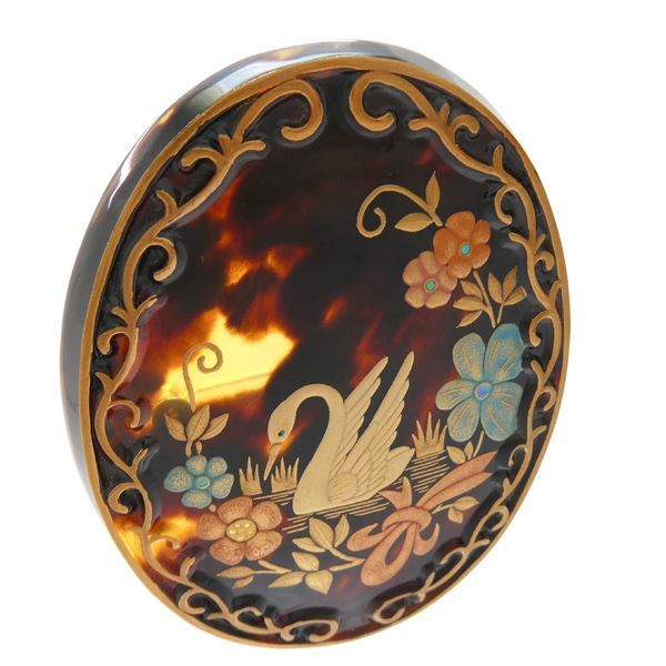 希少 大きめ 蒔絵師 松山武司作 本鼈甲 金蒔絵 ブローチ ペンダント 螺鈿 蒔絵伝統工芸 松山武司作 ブローチ 鼈甲 K18 白鳥 スワン べっ甲 美品