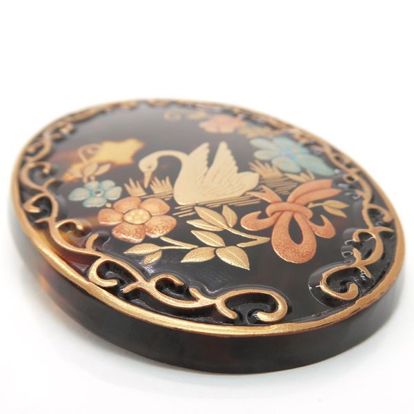 蒔絵伝統工芸 松山武司作 ブローチ 鼈甲 K18 白鳥 スワン べっ甲 美品