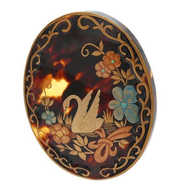 蒔絵伝統工芸 松山武司作 ブローチ 鼈甲 K18 白鳥 スワン べっ甲 美品