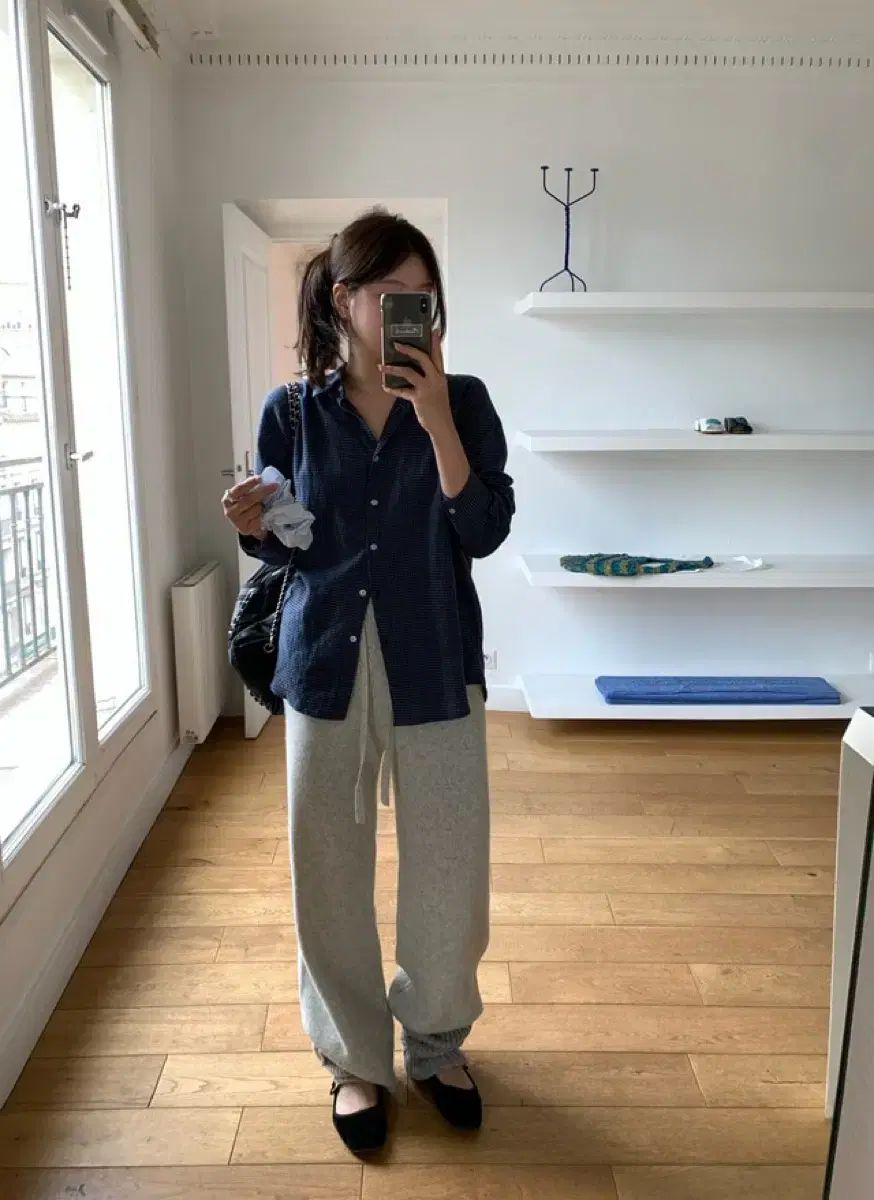 オンデミン フラッフィー ニットパンツ ライトグレー ロング