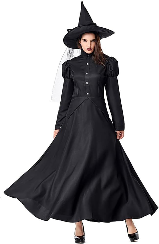 西の衣装 帽子付き 悪い クラシカル 本格 ロングスカート ブラック ドレス 黒 ハロウィン 魔法使い ウィッチ の帽子付き ハロ