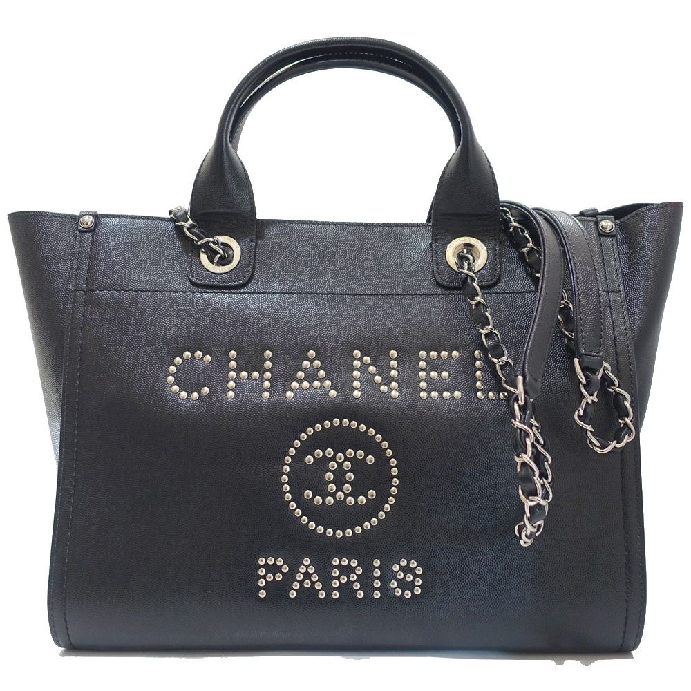 栄 シャネル ドーヴィル ロゴスタッズ A 57069 25番台 8桁シリアル キャビアスキン BK SV金具 トートバッグ 2 WAY レディース 女性