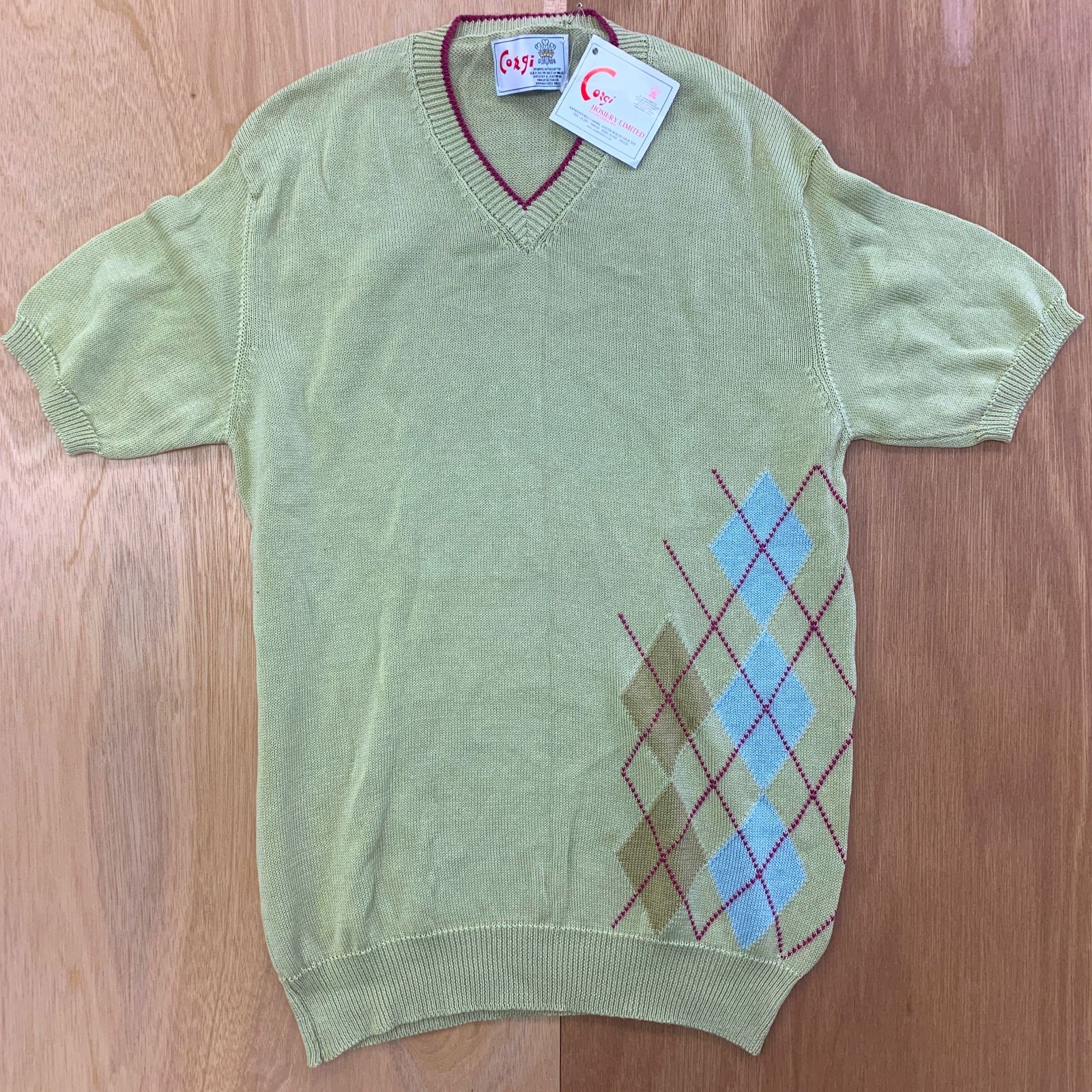 ♥ Corgi コーギ Mサイズ 英国製 半袖コットンニット アーガイル柄 Vネック 高品質 ロイヤルワラント レトロ