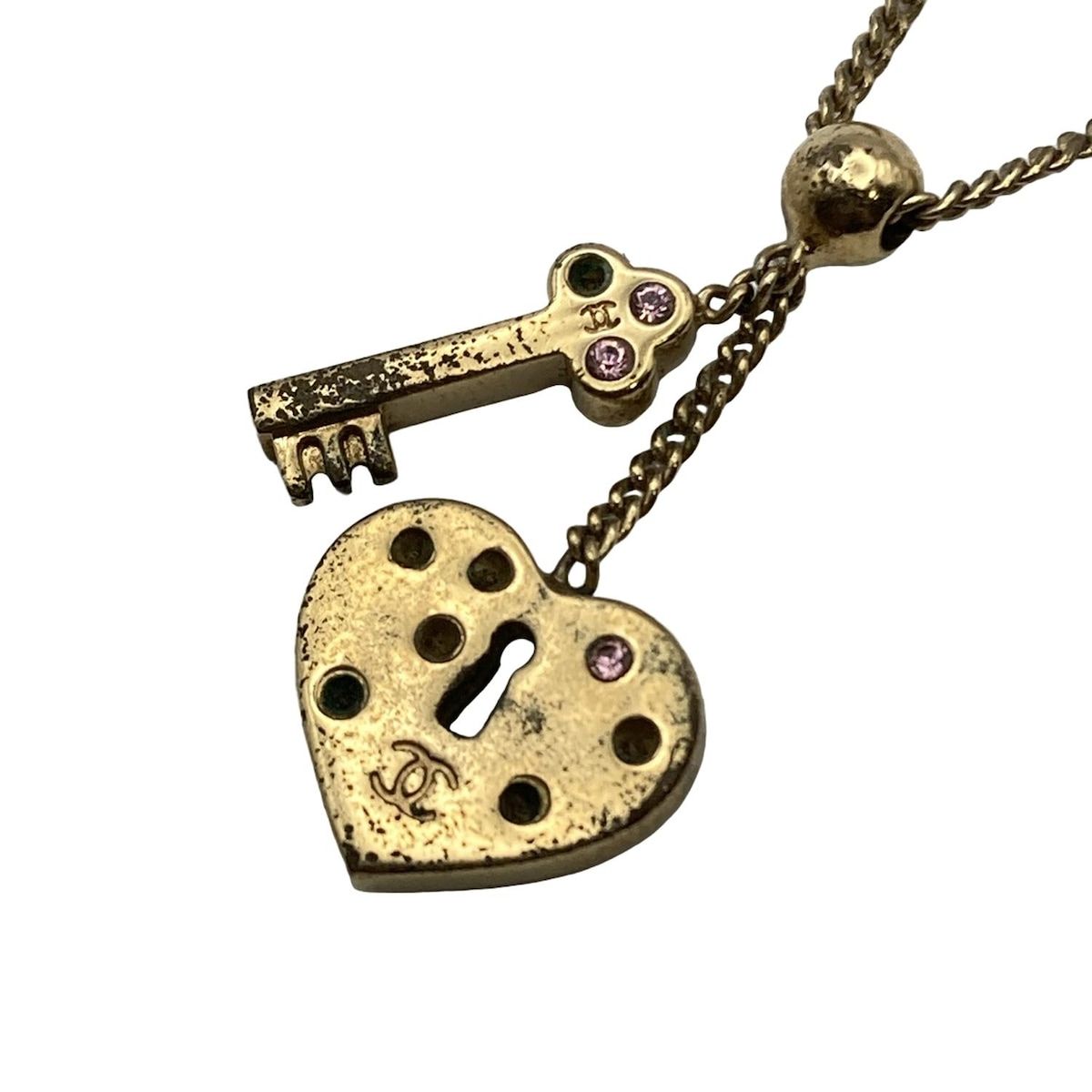 CHANEL シャネル ネックレス ゴールド クリアピンク ハート キー 鍵 ラインストーン