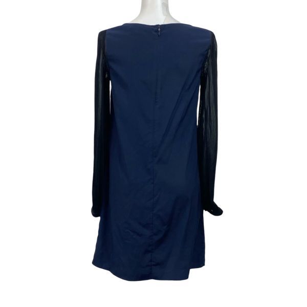 ◇ 美品 エリン ERIN ワンピース 膝丈 長袖 シフォン 袖シアー Aライン ドレープ ネイビー 黒 ブラック 2 S 7号 レディース S5Y246