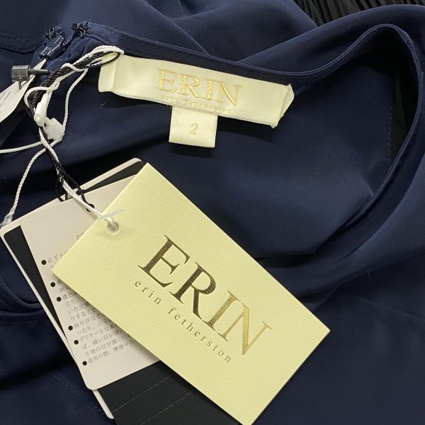 ◇ 美品 エリン ERIN ワンピース 膝丈 長袖 シフォン 袖シアー Aライン ドレープ ネイビー 黒 ブラック 2 S 7号 レディース S5Y246