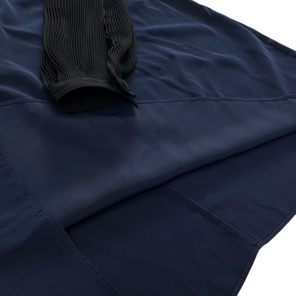 ◇ 美品 エリン ERIN ワンピース 膝丈 長袖 シフォン 袖シアー Aライン ドレープ ネイビー 黒 ブラック 2 S 7号 レディース S5Y246