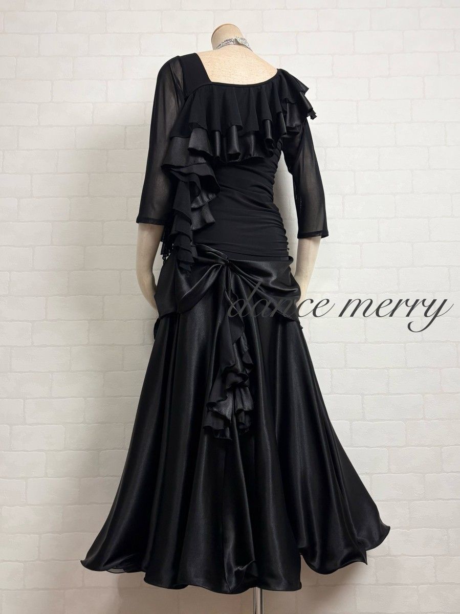 新品 社交ダンス 豪華 ツーピース セットアップ 黒 サテン パーティ