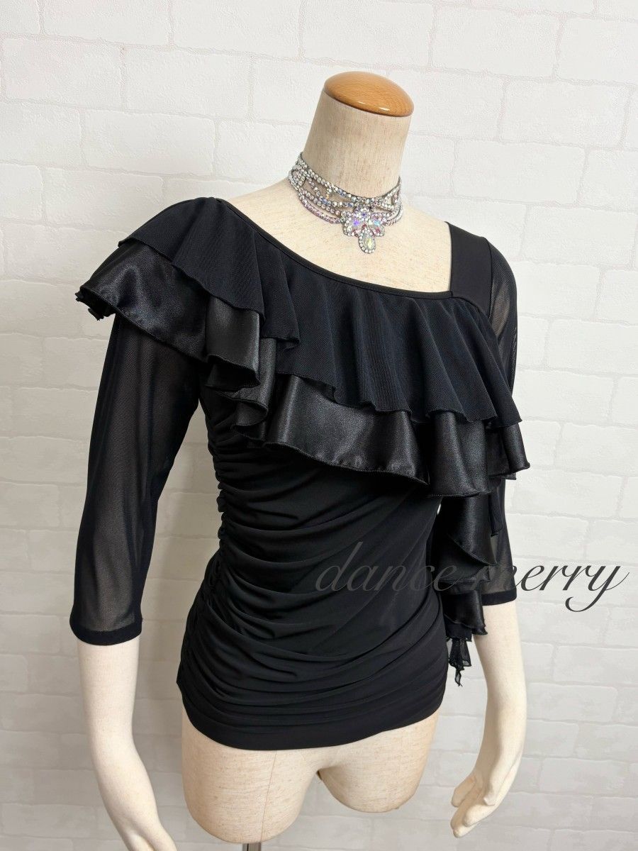 新品 社交ダンス 豪華 ツーピース セットアップ 黒 サテン パーティ