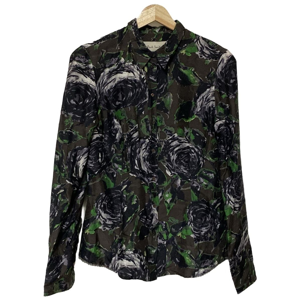 PaulSmith ポールスミス 長袖シャツブラウス サイズ42 XL レディース ダークブラウン 黒 マルチ シルク フラワー 花