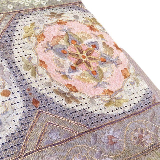 作り帯 付け帯 つけ帯 リサイクル 正絹 仕立て上がり 汕頭刺繍 スワトウ 華文 花紋 金通し 煤色 多色 きもの北條 A 1307-2