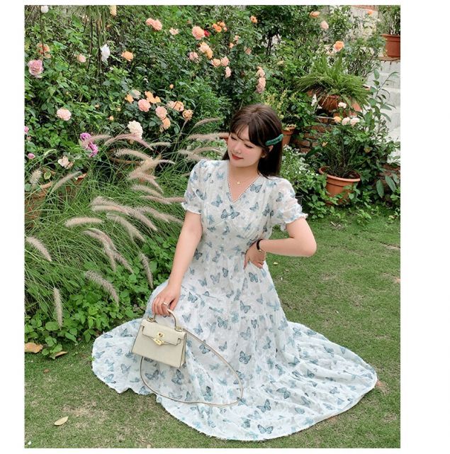 種類5 ブルー ロング丈 2 L 蝶々柄パフスリーブワンピース T