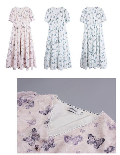 蝶々柄パフスリーブワンピース